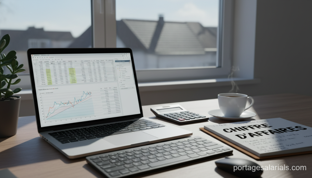 A detailed composition focusing on "chiffre affaires," depicting a professional workspace. In the foreground, a clean desk with a laptop displaying financial graphs and calculations, alongside a notepad filled with figures. The middle ground shows a calculator and a coffee cup, symbolizing productivity. In the background, a window with natural light illuminating the space, casting soft shadows. The atmosphere is one of concentration and financial clarity, with cool-toned colors to evoke professionalism. Add a hint of greenery with a small plant on the desk. The image should feel balanced and focused, perfect for illustrating the financial themes of freelance work and salary management. Include the brand "portagesalarials.com" subtly integrated into the design without disruptiveness.