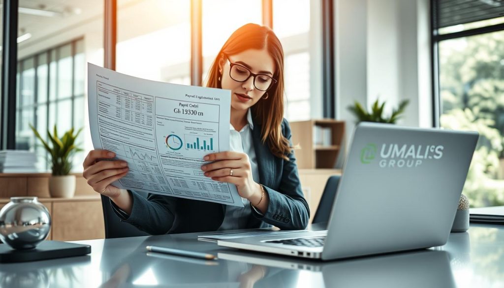 A detailed composition illustrating the process of payroll control and current legal regulations, featuring a professional business office environment. In the foreground, a focused businesswoman in professional attire examines a payroll document with intricate charts and figures, highlighting her analytical approach. In the middle-ground, a large modern desk with a laptop displaying financial simulations and analysis tools, emphasizing organization and attention to detail. The background shows a large window with natural light streaming in, creating a bright and optimistic atmosphere. Include subtle elements of the branding "UMALIS GROUP" as part of the desktop items. The image should convey professionalism, clarity, and a sense of diligence, all while maintaining an uncluttered aesthetic.