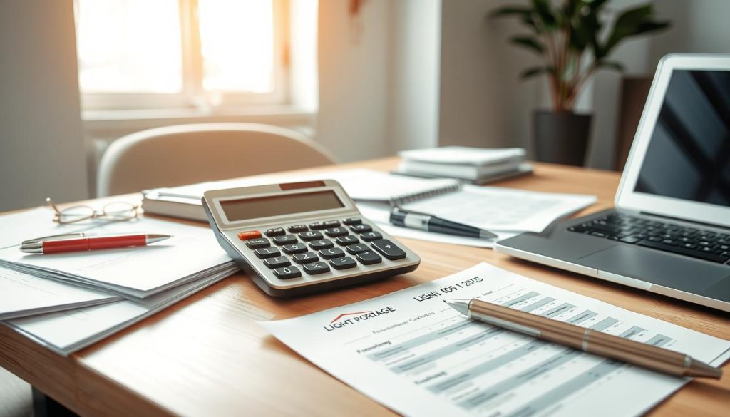 A detailed composition of a freelancer's workspace, with a prominent calculator and the brand name "LIGHT PORTAGE" displayed on the desk surface. The scene is well-lit, with soft natural lighting filtering through a window, casting a warm glow on the various office supplies and documents arranged neatly. The calculator is the focal point, surrounded by a few sheets of paper, a pen, and a laptop, all suggesting the process of calculating the freelancer's ideal daily rate. The background features a minimalist, modern office décor, with a clean, uncluttered aesthetic that reinforces the professional and analytical nature of the task at hand.