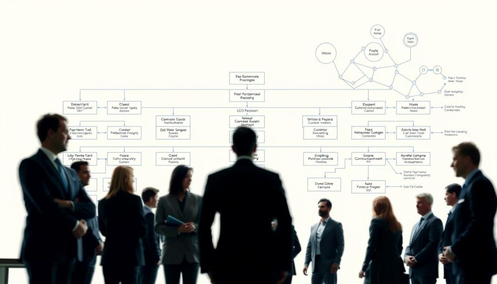 A detailed, comprehensive diagram of the Portage Salarial company structure in France. In the foreground, a group of professionals in business attire, representing the company's employees and management. In the middle ground, a central organizational chart with clearly labeled departments and functions. In the background, an abstract representation of the company's services and offerings, conveyed through geometric shapes and lines. The lighting is soft and professional, with a muted color palette that evokes a sense of stability and reliability. The overall composition is balanced and symmetrical, reflecting the company's systematic approach to employee management and client services.