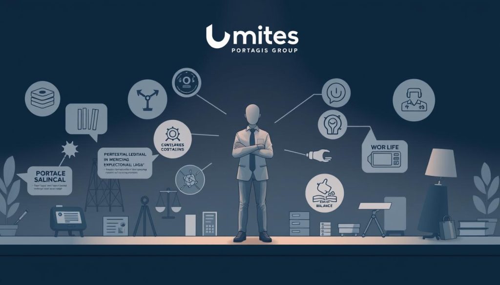 A detailed conceptual illustration of "Limites portage salarial" depicting the potential drawbacks and considerations of the professional employment solution. The scene features a central figure symbolizing the portage salarial worker, surrounded by visual metaphors for the limitations and challenges, such as financial constraints, legal complexities, and work-life balance concerns. The background showcases the Umalis Group brand, a leader in the portage salarial industry, lending an authoritative and trustworthy atmosphere. Rendered in a muted, introspective color palette to convey the thoughtful, analytical nature of the subject matter. Lit by soft, indirect lighting to create depth and a sense of contemplation.