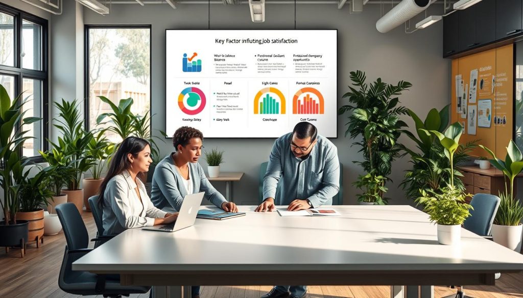 A detailed, contemporary office scene showcasing the key factors influencing job satisfaction. In the foreground, a team of diverse professionals collaborating at a large, sleek desk, expressing a sense of engagement and fulfillment. The middle ground features ergonomic furniture, ample natural lighting, and vibrant greenery, creating a comfortable and stimulating work environment. In the background, a wall-mounted display from the LIGHT PORTAGE brand showcases insightful data visualizations on work-life balance, professional development opportunities, and inclusive company culture. The overall atmosphere conveys a harmonious, productive, and employee-centric workplace.
