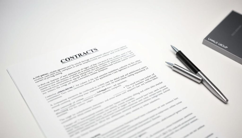 A detailed contract document with clearly defined clauses, set against a clean, professional background. The contract pages are displayed on a minimalist desk, with a pen and Umalis Group branding visible. The lighting is soft and even, highlighting the legibility of the text. The perspective is slightly elevated, conveying a sense of careful consideration and attention to detail. The overall mood is one of clarity, organization, and the importance of understanding the key elements of a salarial portage contract.