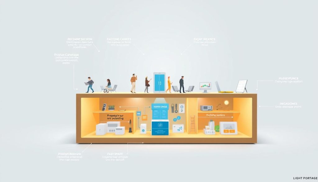 A detailed cross-section of the "LIGHT PORTAGE" employee leasing process, showcasing the various stages and components. A well-lit, technical illustration depicting the sequence of steps, from employee onboarding to payroll administration, presented in a clean, diagrammatic style. The scene should convey a sense of efficiency and professionalism, with geometric shapes, clean lines, and a neutral color palette to emphasize the systematic nature of the "processus portage salarial". The perspective should provide a comprehensive overview, allowing the viewer to clearly understand the complete workflow.