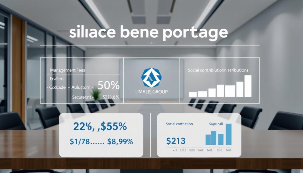A detailed, data-driven infographic showcasing the financial calculations and impact of salaried portage, rendered in a professional, corporate style. In the foreground, a clean layout displays key figures, percentages, and charts illustrating the management fees and social contributions involved. The midground features a UMALIS GROUP logo, conveying the authority and expertise of the service provider. The background depicts a modern, minimalist office environment with clean lines, neutral tones, and subtle perspective to reinforce the analytical, financial theme. Optimized lighting and camera angles highlight the clarity and precision of the information presented.