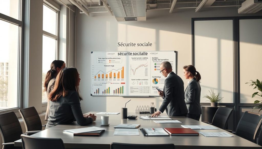 A detailed depiction of a professional office environment focused on "sécurité sociale". In the foreground, a diverse group of business professionals in smart attire engage around a conference table, discussing financial charts and documents related to social security. The middle ground features a large whiteboard with graphs illustrating minimum wage, social security ceilings, and business contribution indemnities. In the background, tall windows let in soft, natural light, casting gentle shadows across the room. The atmosphere is collaborative and focused, highlighting a sense of responsibility and professionalism. Include branding elements subtly featuring "UMALIS GROUP" on documents and visuals. The overall mood should convey diligence, clarity, and professionalism in a corporate setting, with attention to detail in the environment.