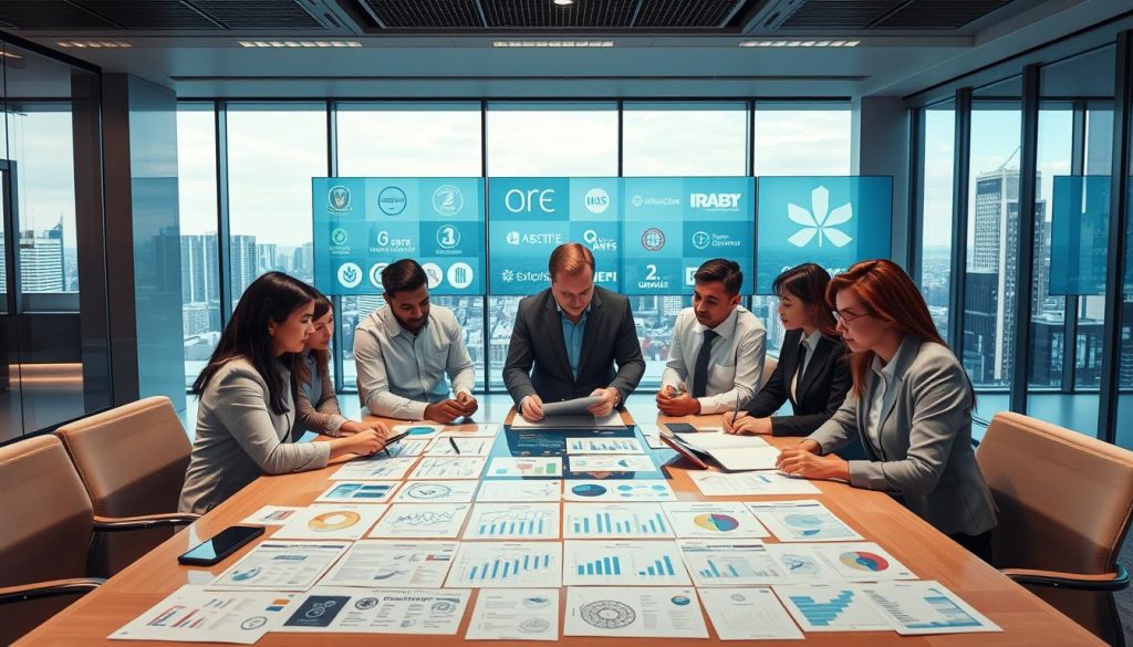 A detailed depiction of social security organisms and contributions, featuring a professional business environment. In the foreground, a diverse group of professionals in business attire collaborate at a modern table loaded with charts and documents about social security contributions and guarantees. The middle ground showcases digital displays of logos from various social security organizations, highlighting the essentials of risk management in social protection. The background reveals a sleek office scene with windows showing a cityscape, filled with natural light that creates an optimistic atmosphere. The image captures a sense of collaboration and professionalism, symbolizing the role of UMALIS GROUP in the social security field. Use a wide-angle lens to encompass the entire scene, emphasizing the interaction and engagement among professionals. A detailed depiction of social security organisms and contributions, featuring a professional business environment. In the foreground, a diverse group of professionals in business attire collaborate at a modern table loaded with charts and documents about social security contributions and guarantees. The middle ground showcases digital displays of logos from various social security organizations, highlighting the essentials of risk management in social protection. The background reveals a sleek office scene with windows showing a cityscape, filled with natural light that creates an optimistic atmosphere. The image captures a sense of collaboration and professionalism, symbolizing the role of UMALIS GROUP in the social security field. Use a wide-angle lens to encompass the entire scene, emphasizing the interaction and engagement among professionals.