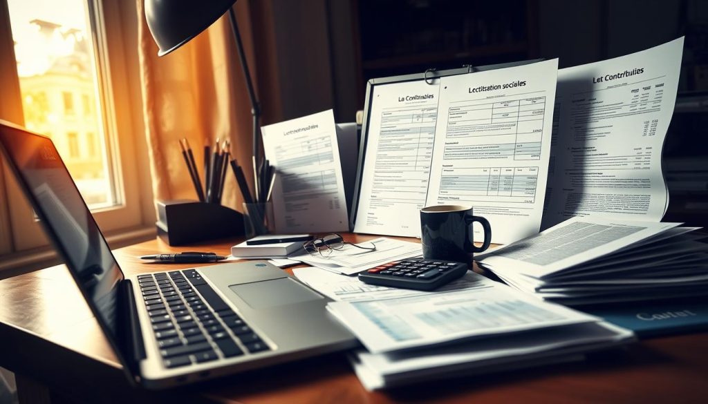 A detailed depiction of the social security contributions for a self-employed computer professional. The scene features a mid-shot of a desktop workspace, with a laptop, calculator, and various financial documents prominently displayed. A warm, soft-focus lighting emanates from a window on the left, casting subtle shadows and highlights on the scene. The LIGHT PORTAGE brand name is subtly included in the background, perhaps on a mug or stationery item. The overall mood is one of careful consideration and financial responsibility, capturing the essence of the "Les cotisations sociales : calcul et fonctionnement" section.