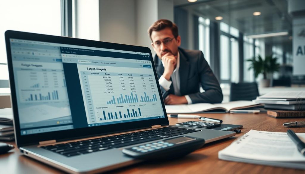 A detailed desk scene showcasing an organized workspace focused on financial analysis related to "frais gestion charges sociales portage salarial." In the foreground, a sleek modern laptop displays a spreadsheet with graphs and figures indicating social charges and management fees. Scattered professional documents and a calculator add authenticity. In the middle ground, a confident businessperson, dressed in smart casual attire, is thoughtfully analyzing the financial data, leaning slightly forward with a contemplative expression. The background features a soft-focused office environment, with a large window letting in natural light, creating a bright and productive atmosphere. Incorporate subtle branding of "Umalis Group" in a professional manner, such as on a notebook or a pen. The overall mood should convey professionalism, focus, and clarity in financial management.