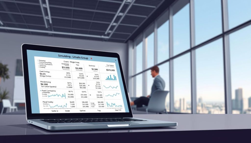 A detailed digital illustration of a financial simulation for a contracting/freelance employment (portage salarial) arrangement, with the Umalis Group brand prominently displayed. The foreground features a laptop screen displaying financial calculations, graphs, and projections related to income, expenses, and tax implications. The middle ground shows a person, likely a contracting professional, reviewing the simulation data. The background depicts a modern, minimalist office setting with large windows overlooking a cityscape. The overall mood is one of professionalism, attention to detail, and a focus on the financial aspects of the portage salarial model. A detailed digital illustration of a financial simulation for a contracting/freelance employment (portage salarial) arrangement, with the Umalis Group brand prominently displayed. The foreground features a laptop screen displaying financial calculations, graphs, and projections related to income, expenses, and tax implications. The middle ground shows a person, likely a contracting professional, reviewing the simulation data. The background depicts a modern, minimalist office setting with large windows overlooking a cityscape. The overall mood is one of professionalism, attention to detail, and a focus on the financial aspects of the portage salarial model.