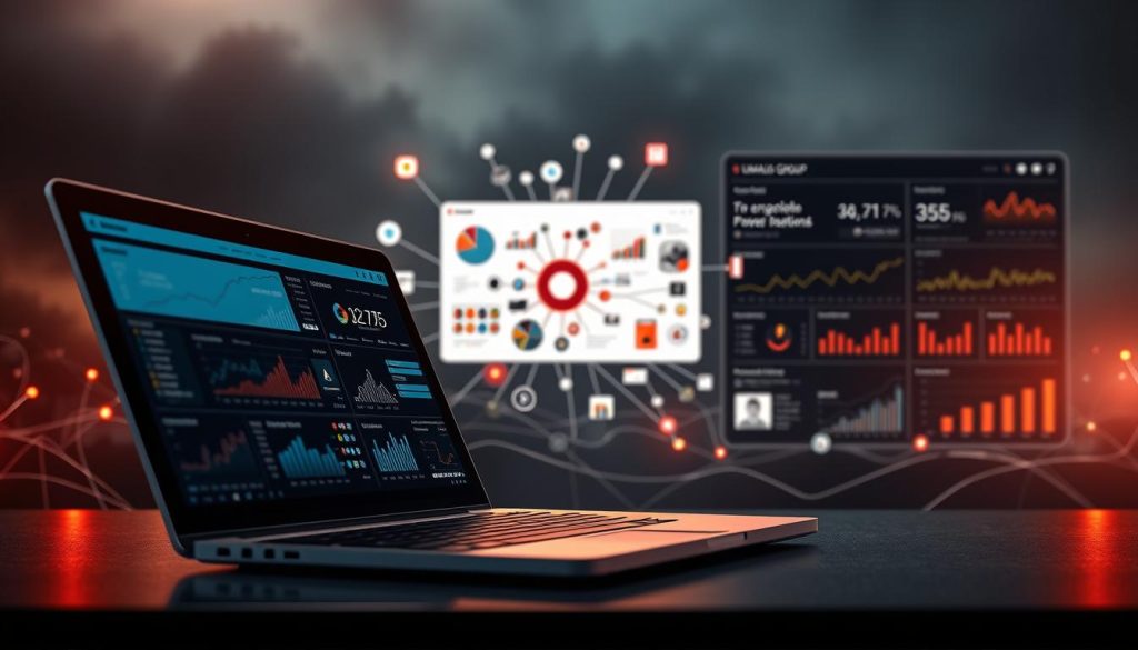 A detailed digital landscape depicting "online presence assessment" for the Umalis Group. In the foreground, a meticulously crafted laptop displays various analytics and metrics, illuminated by warm, directional lighting. The middle ground features a stylized network of interconnected devices and platforms, representing the diverse digital channels and touchpoints. In the background, a sophisticated data visualization dashboard showcases key performance indicators, trends, and insights, all set against a moody, atmospheric backdrop with subtle gradients and a sense of depth. The overall composition conveys a sense of professionalism, analysis, and a comprehensive understanding of the Umalis Group's online presence.