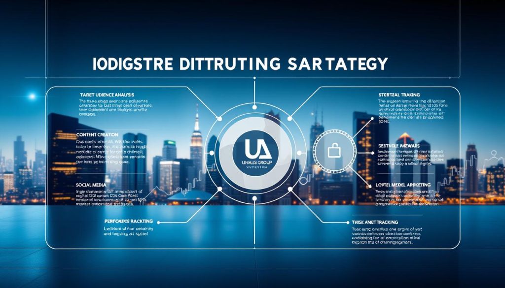 A detailed digital marketing strategy framework, rendered in a sleek, modern style. In the foreground, a clean infographic layout showcases key components: target audience analysis, content creation, social media engagement, and performance tracking. The middle ground features abstract shapes and glyphs, representing the interconnected nature of these strategies. In the background, a futuristic cityscape with the Umalis Group logo shines through, hinting at the transformative power of effective digital marketing. Bright, directional lighting casts dramatic shadows, heightening the sense of dynamism and purpose. The overall mood is one of professionalism, innovation, and a clear path to success.