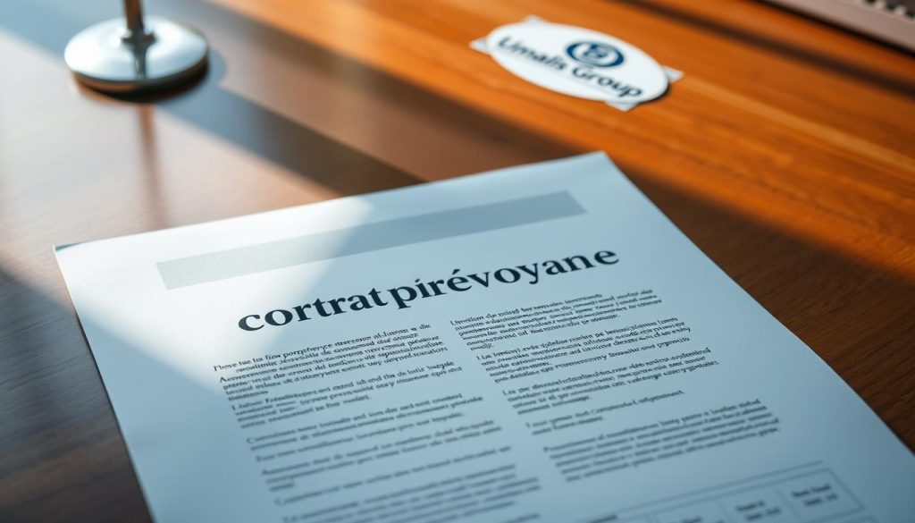 A detailed, elegant contract document representing a comprehensive "contrat prévoyance" (insurance coverage plan) lies on a polished wooden desk, illuminated by soft, directional lighting casting subtle shadows. In the background, the Umalis Group logo is subtly displayed, reflecting the professional and trustworthy nature of the insurance provider. The contract's pages are crisp and meticulously organized, conveying the intricacies and security of the "régime de prévoyance" (insurance scheme) described in the article's "Fonctionnement du régime de prévoyance: droits et avantages" section. The overall atmosphere is one of reliability, attention to detail, and the peace of mind that comes with comprehensive insurance coverage.
