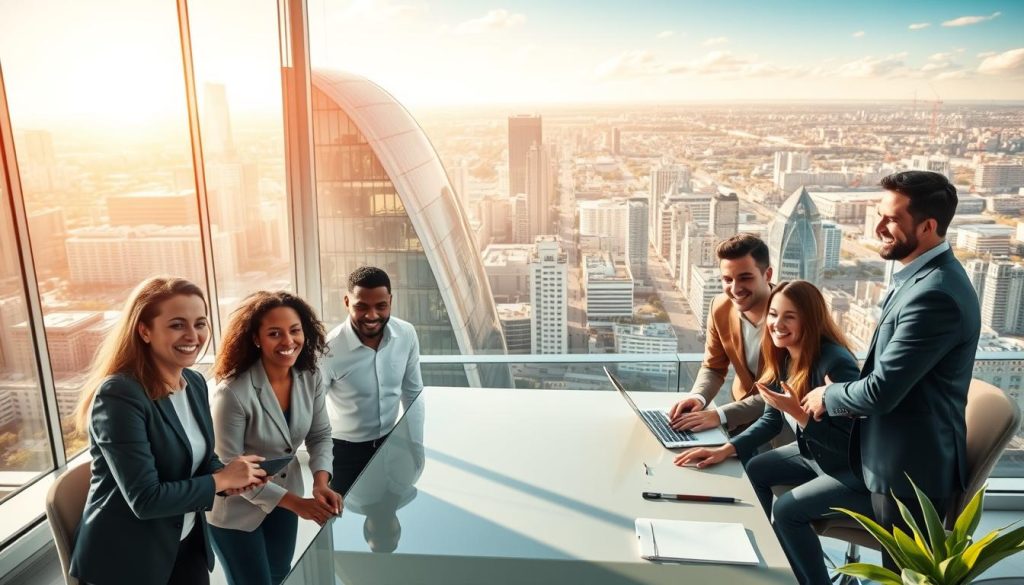 A detailed, expansive landscape depicting the key advantages of the French Portage Salarial system. In the foreground, a group of diverse professional workers enthusiastically collaborating in a modern, open-concept office space, their faces expressing satisfaction and productivity. The middle ground features a sleek, streamlined business building with clean architectural lines, symbolic of the system's efficiency and organization. The background reveals a panoramic cityscape, with skyscrapers and bustling streets, representing the broader economic and professional ecosystem that Portage Salarial enables. The scene is illuminated by warm, natural sunlight filtering through large windows, creating a bright, optimistic mood. The overall composition conveys the synergistic, dynamic nature of the Portage Salarial model.