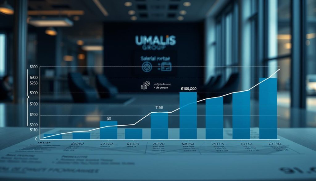 A detailed financial analysis of a salarial portage service, showcasing the UMALIS GROUP brand. In the foreground, a sleek graph displays expense breakdowns and cost projections, conveyed through a clean, minimalist aesthetic. The middle ground features stylized icons and infographics highlighting key financial metrics, while the background depicts a sophisticated office setting with subtle lighting and depth of field, evoking a professional, analytical atmosphere. The overall composition strikes a balance between analytical precision and visual appeal, perfectly suited to illustrate the "Analyse financière et frais de gestion" section of the article.