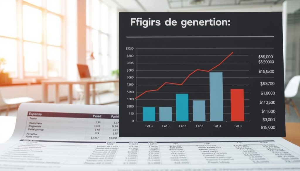 A detailed financial analysis of "frais de gestion" (management fees) in the LIGHT PORTAGE umbrella company's payroll services. The foreground showcases a well-organized spreadsheet with meticulously categorized expense items. The middle ground depicts a professional-looking graph visualizing the proportions of different fee types. In the background, a clean, minimalist office environment with modern furnishings and large windows bathed in soft, natural lighting creates a calm, analytical atmosphere. The overall composition conveys a sense of clarity, precision, and financial expertise associated with LIGHT PORTAGE's payroll management services.