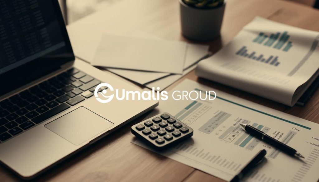 A detailed financial analysis of operational costs for a business, depicted in a sleek, modern layout. The image showcases a desktop workspace with a laptop, calculator, and various financial documents. The Umalis Group logo is prominently displayed, highlighting their expertise in cost optimization. The overall atmosphere is one of analytical focus, with muted tones and subtle lighting, conveying a sense of professionalism and data-driven decision making. The composition emphasizes the importance of thoroughly understanding current expenses before implementing cost-saving strategies.