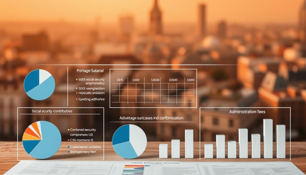 A detailed financial breakdown of the Portage Salarial employment structure, showcased against a warm, muted backdrop. In the foreground, a series of meticulously designed pie charts and bar graphs illustrate the various cost components, from social security contributions to administrative fees. The middle ground features a subtle grid layout, emphasizing the organizational framework that underpins this flexible employment model. In the background, a softly blurred cityscape hints at the broader economic and social context in which Portage Salarial operates. The overall composition conveys a sense of professionalism, clarity, and analytical precision, perfectly suited to complement the article's deep dive into the advantages and challenges of this unique French employment system.