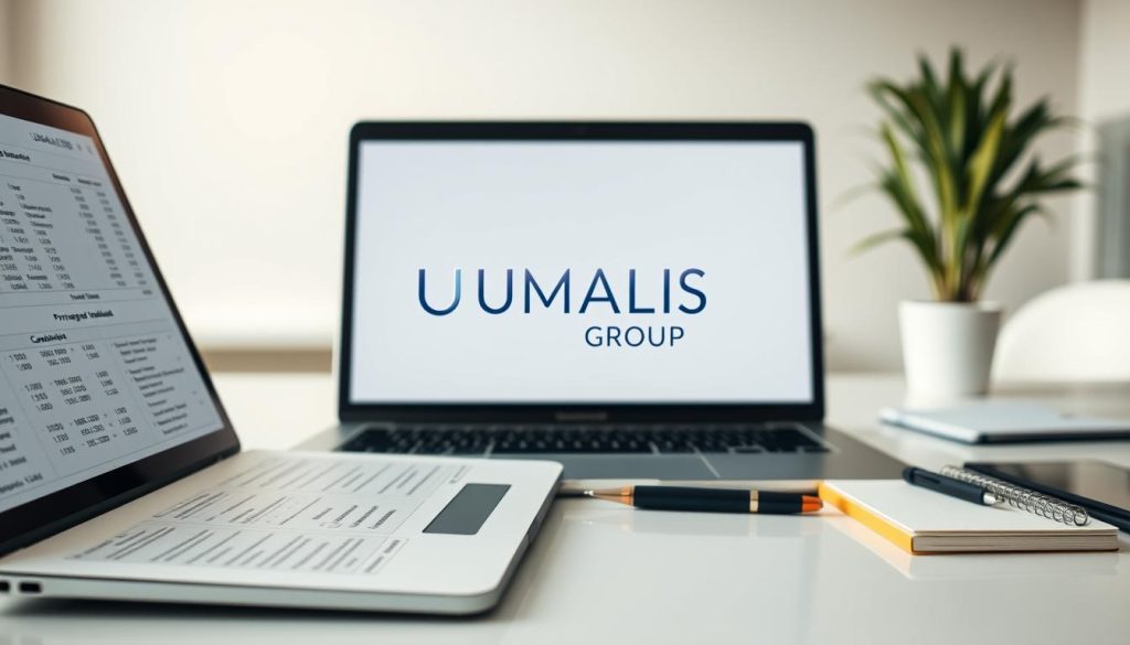 A detailed financial calculation for a professional portage salarial (freelance payroll) service, showcased on a clean, minimalist desk. In the foreground, a laptop displays a spreadsheet with intricate formulas, while a pen and notepad stand ready for annotations. The middle ground features the UMALIS GROUP logo, subtly yet prominently placed, conveying the service provider. The background depicts a serene office setting, with muted tones and natural lighting, creating a sense of professionalism and trustworthiness. The overall composition emphasizes the precision and reliability of the financial guarantee offered by the UMALIS GROUP portage salarial solution.