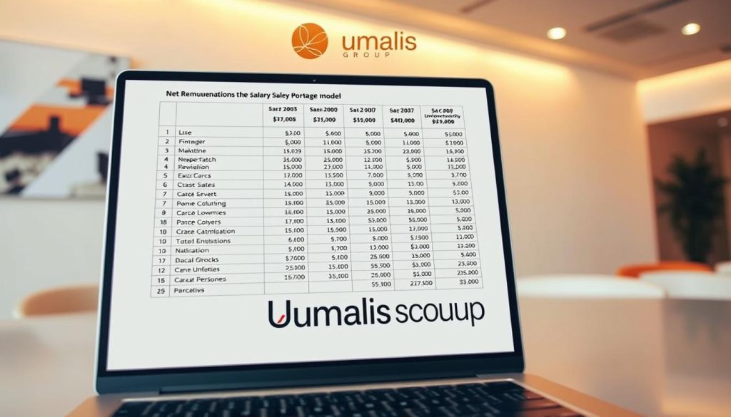 A detailed financial calculation showcasing the net remuneration of a salaried worker under the Umalis Group's salary portage model. A neatly organized spreadsheet on a laptop screen, displaying various line items and formulas, set against a clean, minimalist office environment. Warm, directional lighting emphasizes the professionalism and clarity of the financial information. The Umalis Group logo is prominently displayed, conveying the company's expertise in this domain. An atmosphere of precision, transparency, and financial empowerment pervades the scene. A detailed financial calculation showcasing the net remuneration of a salaried worker under the Umalis Group's salary portage model. A neatly organized spreadsheet on a laptop screen, displaying various line items and formulas, set against a clean, minimalist office environment. Warm, directional lighting emphasizes the professionalism and clarity of the financial information. The Umalis Group logo is prominently displayed, conveying the company's expertise in this domain. An atmosphere of precision, transparency, and financial empowerment pervades the scene.
