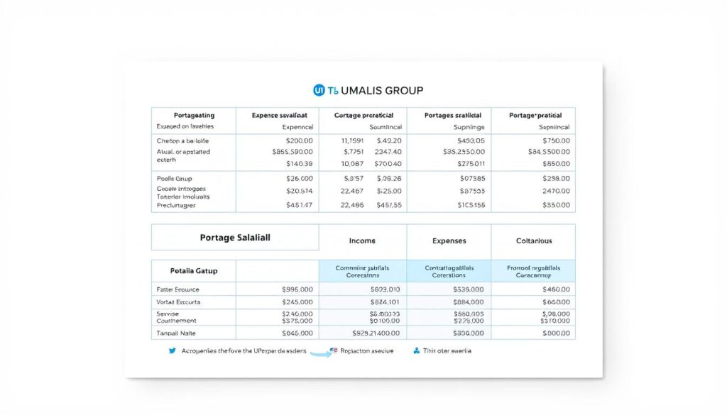 A detailed financial chart depicting the expenses and income streams associated with "portage salarial", a French employment model, rendered in a clean, modern aesthetic. The chart is presented against a minimalist background, with a focus on clear data visualization and intuitive organization. The Umalis Group brand is prominently displayed, reflecting their expertise in this domain. The overall mood is one of professionalism, clarity, and forward-thinking financial optimization, aligning with the article's subject matter of "optimizing revenues through portage salarial".