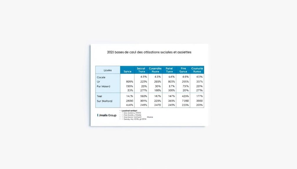 A detailed financial chart showcasing the various social security contributions for the year 2024, created for the Umalis Group. The chart occupies the center of the frame, surrounded by a clean, professional background featuring subtle grid lines and shades of blue and gray. The chart itself displays precise numerical data, clear labels, and intuitive visualizations to elucidate the nuances of the 2024 social security contribution calculations. The overall composition conveys a sense of authority, accuracy, and practicality, perfectly suited to illustrate the "Les bases de calcul des cotisations sociales et assiettes" section of the article.