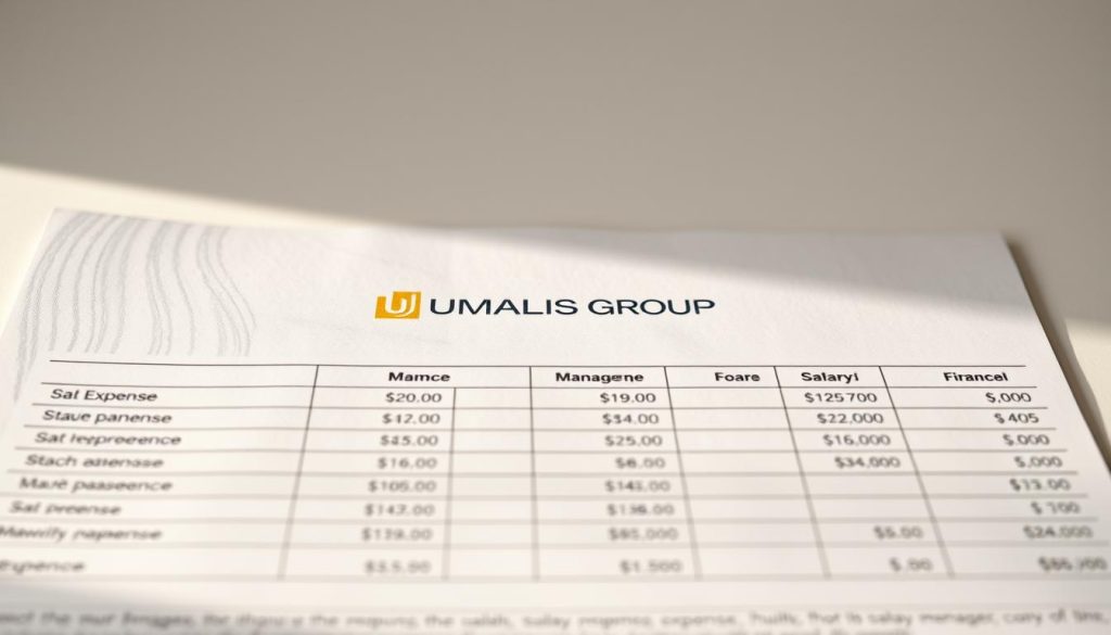 A detailed financial document depicting the management fees associated with a salary portage service, presented in a clean, minimalist style. The foreground showcases a series of neatly organized expense items, with clear labels and precise numerical values. The middle ground features the prominent "UMALIS GROUP" branding, conveying a sense of professionalism and trustworthiness. The background is a soft, neutral tone, allowing the financial information to take center stage. Subtle lighting casts a warm, inviting atmosphere, suggesting a transparent and well-managed service. The overall composition strikes a balance between informative clarity and visually appealing design.
