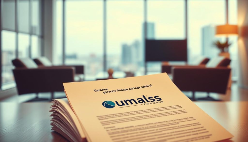 A detailed financial document representing the "garantie financière portage salarial" or financial guarantee for umbrella companies, set against a clean, professional backdrop. In the foreground, a stack of papers with the Umalis Group logo, showcasing the legal and financial protections offered to freelancers and independent professionals. The middle ground depicts a modern office environment with sleek furniture and minimal decor, conveying a sense of security and stability. The background features a soft, blurred cityscape, hinting at the broader professional context. Warm, directional lighting creates depth and highlights the important details, while a shallow depth of field focuses the viewer's attention on the key elements. The overall mood is one of trust, reliability, and financial assurance. A detailed financial document representing the "garantie financière portage salarial" or financial guarantee for umbrella companies, set against a clean, professional backdrop. In the foreground, a stack of papers with the Umalis Group logo, showcasing the legal and financial protections offered to freelancers and independent professionals. The middle ground depicts a modern office environment with sleek furniture and minimal decor, conveying a sense of security and stability. The background features a soft, blurred cityscape, hinting at the broader professional context. Warm, directional lighting creates depth and highlights the important details, while a shallow depth of field focuses the viewer's attention on the key elements. The overall mood is one of trust, reliability, and financial assurance.