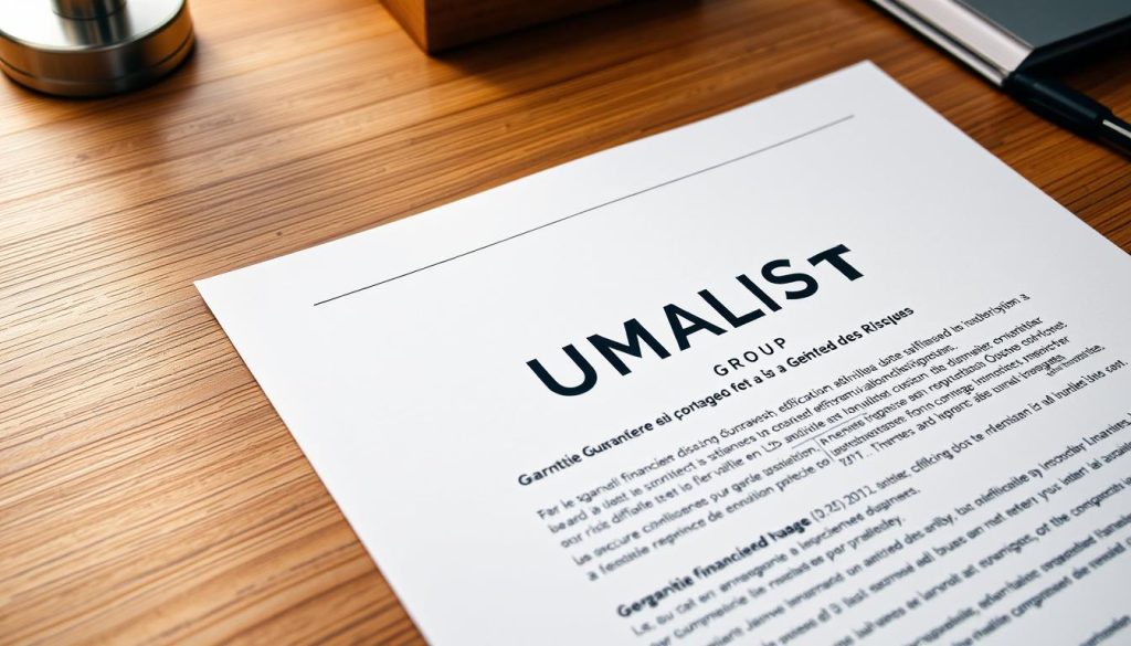 A detailed financial guarantee document with the UMALIS GROUP logo, depicting a secure and risk-managed approach to salaried portage. The document is neatly arranged on a wood desk, with a warm, professional lighting illuminating the scene. The overall composition conveys a sense of stability, trust, and financial responsibility, reflecting the key aspects of the "Garantie Financière et la Gestion des Risques" section.