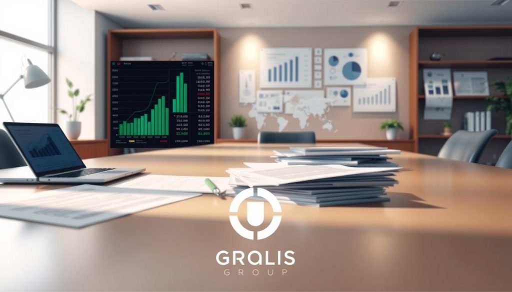 A detailed financial illustration showcasing the tax calculation process for a salaried portage arrangement. The scene depicts a clean, modern office interior with a large desk, a laptop displaying financial data, and various documents and charts related to tax planning and compliance. In the foreground, the Umalis Group logo is prominently featured, emphasizing the company's expertise in this domain. The lighting is soft and directional, creating a professional and authoritative atmosphere. The overall composition conveys a sense of clarity, precision, and confidence in navigating the complexities of the salarial portage tax regime.