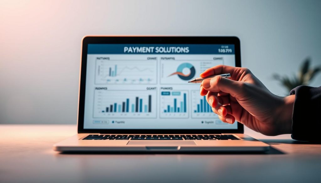 A detailed financial report depicting the "Payment Solutions" concept. A modern office setting with a minimalist, clean aesthetic. In the foreground, a laptop display showcases various financial charts and graphs, representing key performance indicators. The middle ground features a professional hand holding a stylized pen, ready to annotate the reports. The background is a soft, blurred gradient in muted tones of gray and blue, creating a sense of focus and depth. Subtle lighting casts a warm, professional glow across the scene, emphasizing the importance of the financial data analysis. The overall mood is one of analytical precision, providing a visually compelling illustration for the "Financial Statements and Activity Reports" section.