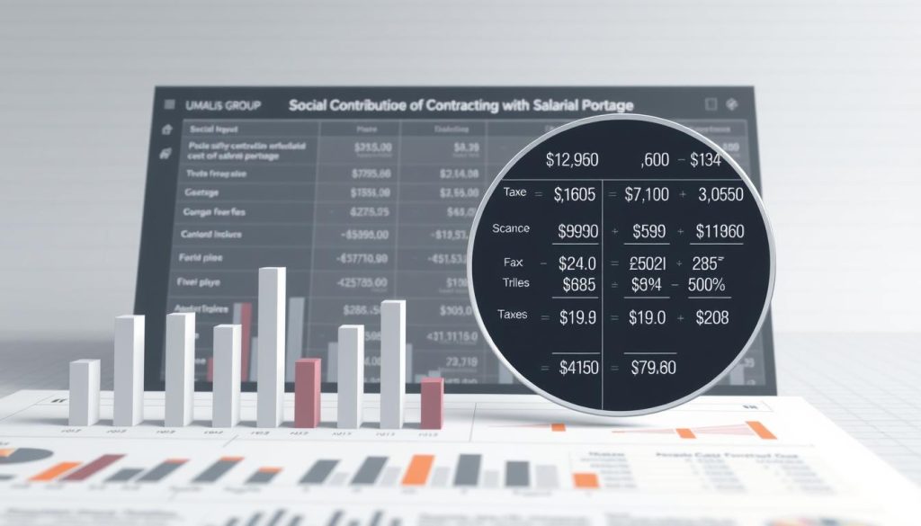 A detailed financial report depicting the breakdown of the comprehensive cost of contracting through Umalis Group's salarial portage service. In the foreground, a series of bar graphs and pie charts illustrate the various cost factors - social contributions, administrative fees, taxes, and more. The middle ground showcases a magnified view of the complex calculations, with numerical values and formulas overlaying a sleek, minimalist interface. In the background, a subtle grid pattern and muted color palette convey a sense of order and precision, complementing the analytical nature of the visual. Rendered in a clean, technical style with optimized lighting to highlight the informative data visualization.