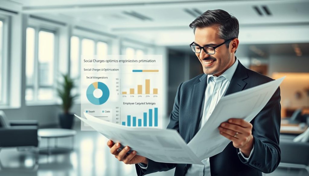 A detailed financial report depicting the cost-saving benefits of Umalis Group's employee leasing services. In the foreground, a well-dressed businessman examines financial documents, expressions of satisfaction on his face. The middle ground showcases a visual breakdown of social charges optimization, with clear pie charts and bar graphs. The background features a modern, minimalist office setting with sleek furniture and abundant natural light, conveying a sense of professionalism and efficiency. The overall composition emphasizes the positive financial impact of Umalis Group's employee leasing solutions for businesses.