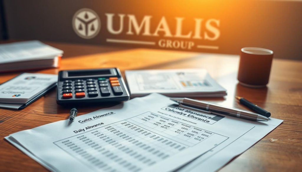 A detailed financial report on a wooden desk, with a calculator, pen, and papers showcasing the calculation of daily allowances. The scene is illuminated by warm, natural lighting, captured through a lens with a shallow depth of field, creating a soft, professional atmosphere. In the background, the UMALIS GROUP logo is prominently displayed, reflecting the subject's association with the company and its services related to salaried employment and sick leave.