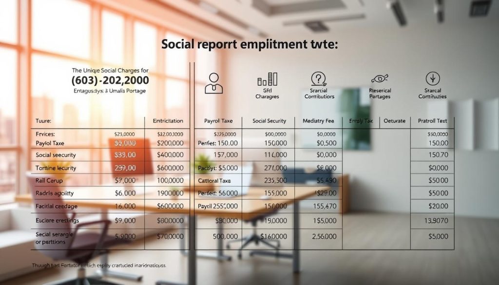 A detailed financial report showcasing the unique social charges associated with employment through the "Umalis Group" salarial portage service. The foreground features a clean, modern layout of numerical data, graphs, and icons related to payroll taxes, social security contributions, and other mandatory fees. The middle ground depicts a professional office setting with a minimalist desk, computer, and other work-related accoutrements bathed in warm, natural lighting. The background subtly hints at the broader business landscape with softly blurred skyscrapers and cityscapes, conveying a sense of corporate professionalism and expertise. The overall tone is one of authoritative financial guidance, clarity, and the specialized knowledge required to navigate the nuanced world of salarial portage.