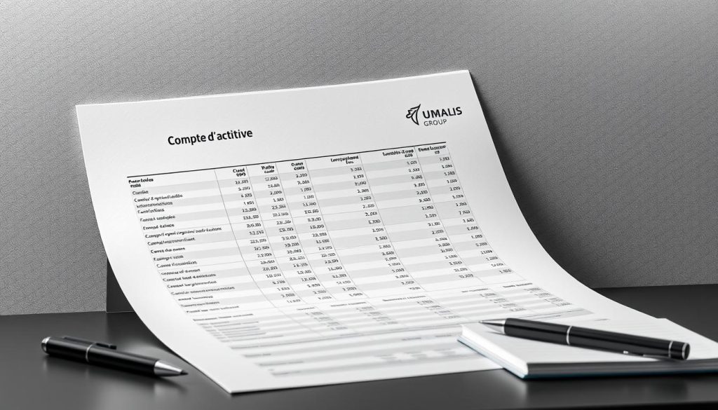 A detailed financial report titled "Compte d'activité" against a tasteful grey background, featuring columns of neatly organized data and charts on a matte paper texture. The report is displayed on a sleek, modern desk, alongside a Umalis Group branded pen and notepad. Soft, directional lighting illuminates the scene, creating depth and a professional, authoritative atmosphere. The overall composition conveys the importance of financial management and expertise in the world of portage salarial.