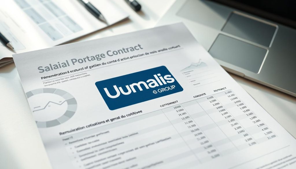 A detailed financial report with the Umalis Group logo prominently displayed, showcasing a comprehensive account of a salarial portage contract. The report features a well-organized layout with clean typography, accurate data visualizations, and a professional, yet approachable aesthetic. The lighting is soft and evenly distributed, creating a sense of clarity and trustworthiness. The composition places the report's key sections, including "Rémunération, cotisations et gestion du compte d'activité", in the foreground, while the background subtly blends office elements like a desk, laptop, and documents to reinforce the report's real-world application. The overall mood is one of financial transparency and attention to detail, perfectly suited to illustrate the article's subject matter.