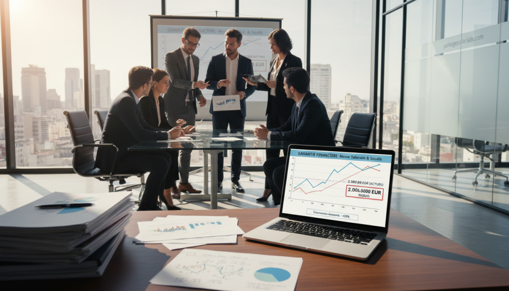 A detailed financial representation of "garantie financière," featuring a professional business environment. In the foreground, a neatly organized desk with financial documents, charts, and calculations related to financial guarantees. A modern laptop displays a graph representing salary mass and thresholds, highlighting key figures in an analytical design. The middle ground shows a group of diverse professionals in business attire, actively discussing the graphs and documents, exuding collaboration and insight. The background features a large window with natural light flooding the room, casting soft shadows and creating an optimistic atmosphere. The overall mood is focused and professional, emphasizing the critical aspects of financial security in employment. Include the web address "portagesalarials.com" subtly integrated into the office design.
