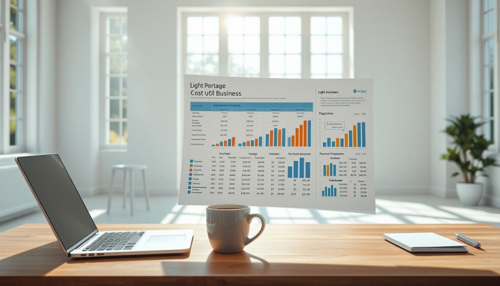 A detailed financial spreadsheet floating in a minimalist, light-filled workspace. In the foreground, a sleek laptop and a mug of steaming coffee sit atop a clean, wooden desk. The middle ground features a series of charts and graphs, meticulously displaying cost breakdowns and revenue projections for a freelance business, created with the Light Portage brand in mind. The background is a serene, sun-drenched room, with large windows allowing natural light to pour in, creating a sense of clarity and focus. The overall mood is one of precision, organization, and the pursuit of financial success as a freelance professional.