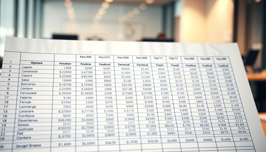A detailed financial spreadsheet with neatly organized columns and rows, showcasing the calculation of conventional termination indemnities for a Umalis Group salaried portage contract. The foreground features a crisp, clean layout with clear headings, formulas, and numerical values. The middle ground includes a subtle, soft-focus background of an office environment, suggesting a professional, corporate setting. The lighting is warm and natural, creating a sense of clarity and precision. The overall mood is one of careful analysis and financial diligence, reflecting the importance of accurately determining conventional termination compensation in the salaried portage context.