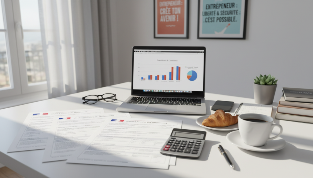 A detailed flat lay scene depicting essential elements of France's social security system for independent workers. In the foreground, a neatly arranged desk with official documents and forms related to social security registration, accompanied by a calculator and a cup of coffee. In the middle ground, a laptop displays a graph illustrating benefits and contributions, representing financial planning for self-employed individuals. The background features a cozy workspace with inspirational posters about entrepreneurship and successful self-employment. Soft, natural lighting filters in through a window, creating an inviting atmosphere. The mood is professional yet approachable, inspiring trust and encouragement for independent workers navigating their social security options.