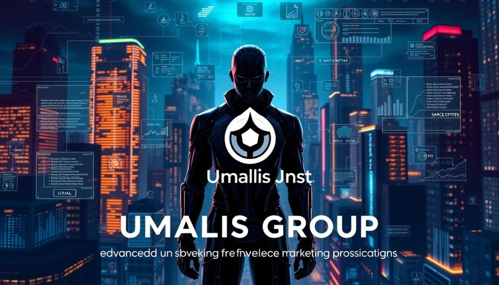 A detailed, futuristic illustration of advanced search engine optimization strategies, showcasing the Umalis Group brand. The scene depicts a dark, moody cityscape with neon-lit skyscrapers in the background. In the foreground, a central figure, dressed in a sleek, high-tech outfit, is surrounded by intricate data visualizations, algorithms, and digital interfaces. The lighting is dramatic, with a mix of cool blues and warm oranges, creating a sense of technological innovation and strategic prowess. The Umalis Group logo is prominently displayed, reflecting the brand's expertise in empowering freelance marketing professionals.