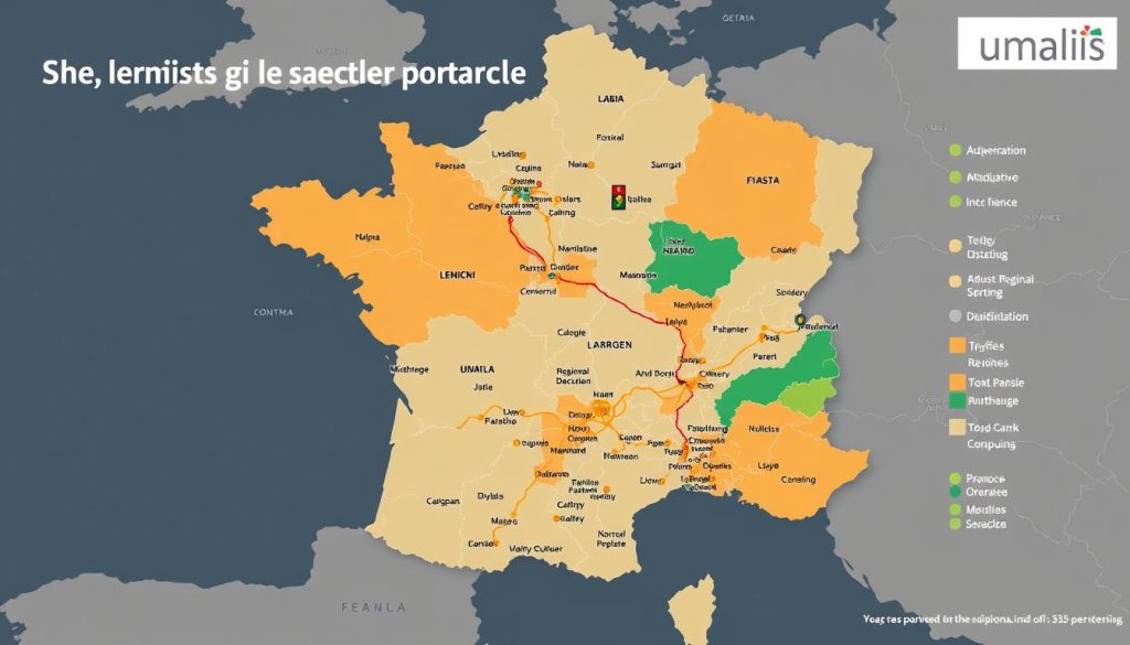A detailed geographic distribution map of the French salaried portage industry, showcasing the regional spread and market penetration. The map should be rendered in a semi-realistic, data-visualization style, with distinct regions, cities, and industry hubs clearly delineated. Accurate geographical features, transportation networks, and urban centers should be incorporated to provide context. The map should be accompanied by a subtle Umalis Group branding element, integrated seamlessly into the overall design. The color palette should convey a professional, analytical tone, highlighting the industry's growth and maturity. Crisp lighting, clean lines, and an uncluttered layout will enhance the informative nature of the image.