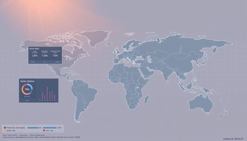 A detailed geographic heat map showcasing the spatial distribution of the Umalis Group's freelance work arrangements, rendered in a muted color palette with a clean, minimalist aesthetic. The foreground depicts a series of data visualizations highlighting sector-specific insights, while the middle ground features a stylized topographic map overlaid with regional boundaries. The background subtly blends a faint grid pattern and light source emanating from the upper left, creating a sense of depth and technical precision. The overall composition conveys a data-driven, analytical perspective on the evolving landscape of the Umalis Group's geographical footprint in the freelance employment sector.