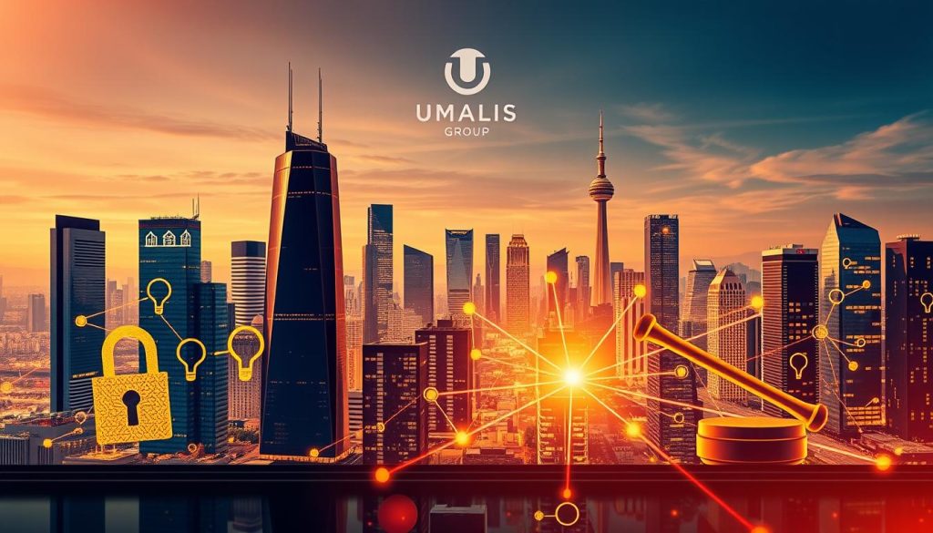 A detailed, high-quality illustration of the key elements of intellectual property rights, depicting a sleek, modern cityscape with a central focus on various IP-related icons and symbols. In the foreground, a stylized lock, lightbulb, and gavel symbolize the core concepts of patents, copyrights, and trademarks, respectively. The middle ground features a network of interconnected lines and shapes, representing the complex legal frameworks and regulations governing IP. In the background, the Umalis Group logo stands tall, emphasizing the company's expertise in this domain. The scene is bathed in a warm, vibrant lighting, conveying a sense of innovation, protection, and authoritative knowledge.