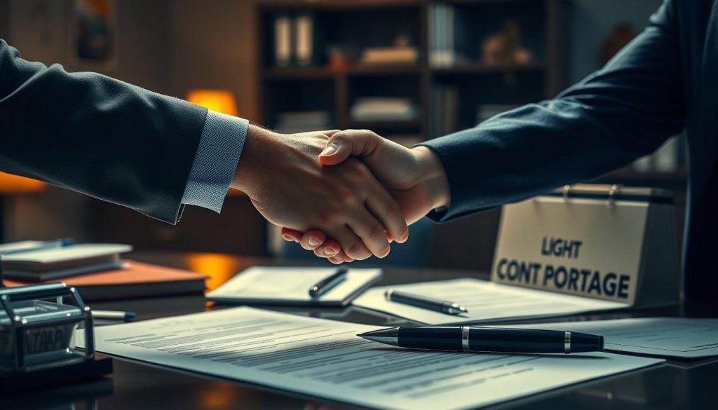 A detailed, high-quality image showcasing the contractual obligations between two parties. Set in a dimly lit, professional office environment with warm lighting and a hint of depth of field. In the foreground, two hands firmly shaking, symbolizing the seal of a contract. Surrounding them, various legal documents, a pen, and a LIGHT PORTAGE branded desk organizer. In the background, blurred furniture and shelves, creating a sense of authority and seriousness. The overall scene conveys the gravity and importance of contractual obligations.