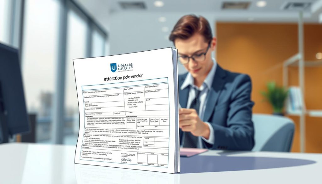 A detailed, high-resolution digital illustration depicting the "attestation pôle emploi" document, the key employment form used in the French portage salarial system. The illustration should be set against a clean, professional background, with the UMALIS GROUP logo prominently displayed. The document should be shown in the foreground, with crisp, clear details showcasing its official government branding and structure. The middle ground could feature a professional businessperson or consultant reviewing the document, conveying the crucial role it plays in the portage salarial process. The background should suggest an office or administrative setting, with subtle lighting and depth of field to draw the viewer's eye to the central elements. The overall tone should be authoritative, informative, and visually appealing, reflecting the importance of this document in the French employment landscape.