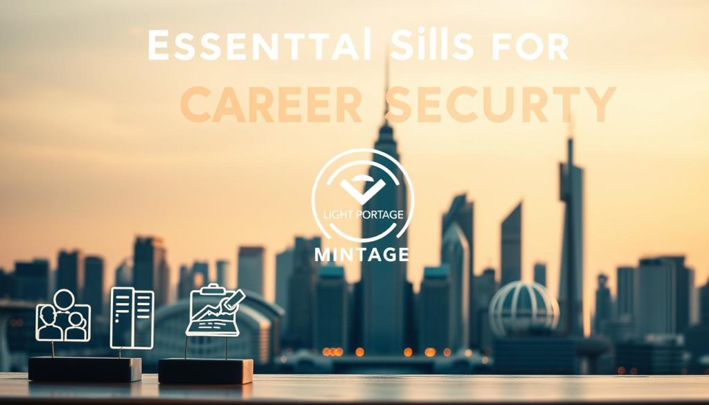 A detailed, high-resolution image of "Essential Skills for Career Security" in a stylish, minimalist composition. The foreground showcases key skills like critical thinking, adaptability, digital literacy, and communication, portrayed as icons in a sleek, monochromatic style. The middle ground features a futuristic, monumental cityscape with a prominent "LIGHT PORTAGE" brand logo, hinting at the technological and urban landscape of the future job market. The background has a warm, soft-focus gradient, creating a sense of depth and emphasizing the central focus. Lit by a natural, diffused light source, the image conveys a feeling of professionalism, innovation, and forward-thinking.