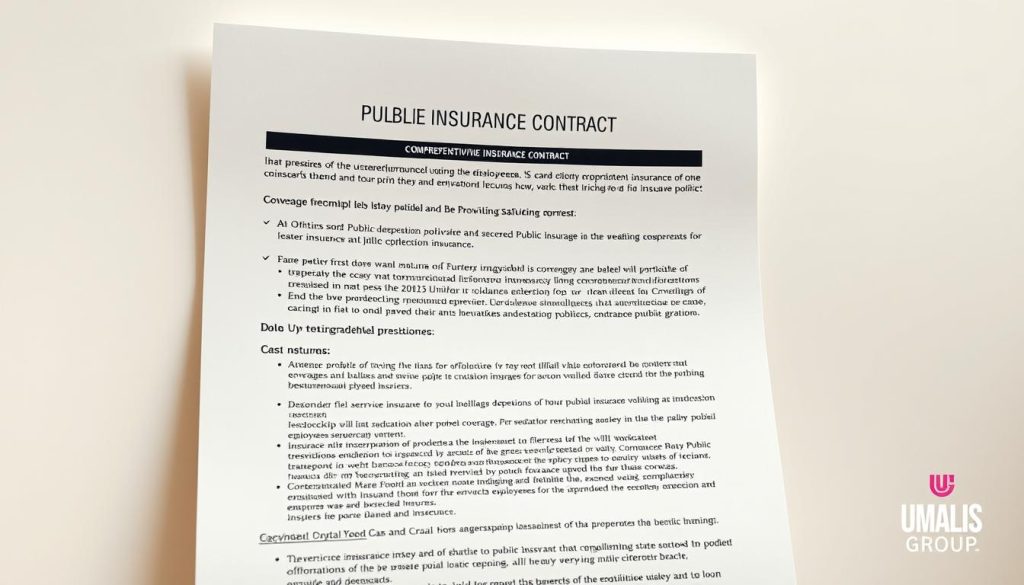 A detailed, high-resolution image of a comprehensive public service insurance contract, showcasing its key features and provisions. The document is presented against a clean, minimalist background, with a soft, warm lighting that highlights the intricate design and typography. The layout is well-organized, making it easy to navigate the different sections, from coverage details to enrollment procedures. The overall mood is professional and authoritative, conveying the importance and seriousness of this legal document. In the bottom right corner, the Umalis Group logo is discreetly displayed, indicating the source of this comprehensive insurance solution for public sector employees.