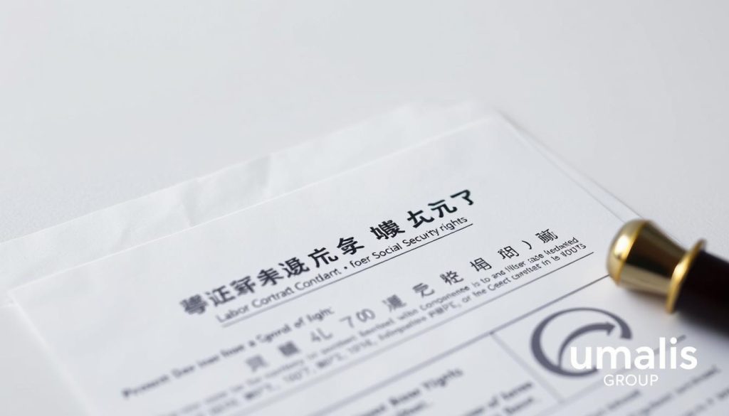 A detailed, high-resolution image of a labor contract and social security documents, set against a clean, professional background. The contract and documents are displayed prominently in the foreground, with a subtle Umalis Group logo visible in the bottom right corner. The lighting is soft and diffused, creating a sense of seriousness and importance. The depth of field is shallow, drawing the viewer's attention to the key elements. The overall mood is one of authority, legality, and the protection of worker's rights, reflecting the "法国劳动法与劳动者权益保护" section of the article.